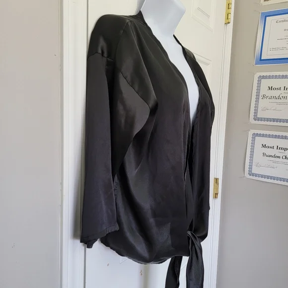 Urban Outfitters Black Satin Tie Front Nicole Blouse Flare Sleeve Deep V Size S - Picture 6 of 14
